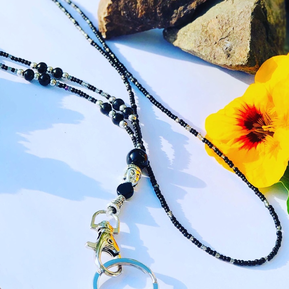 Handmade Black On Black Buddha key/card lanyard